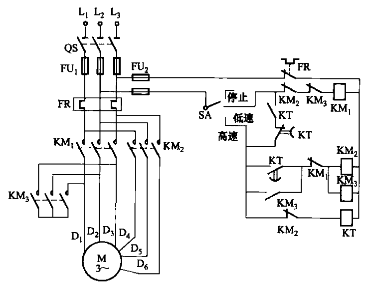 2Y-△接法雙速電動機(jī)接觸器控制電路之三