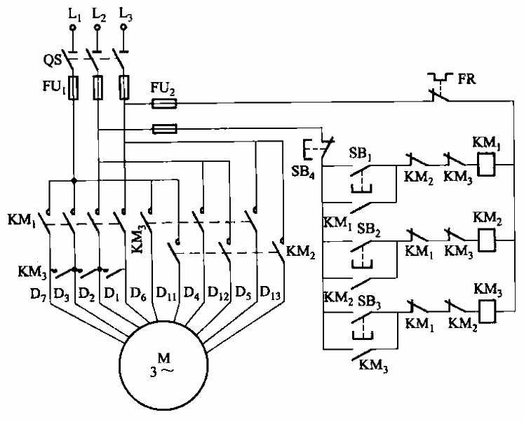 2△-Y-△接法三速電動機(jī)接觸器控制電路