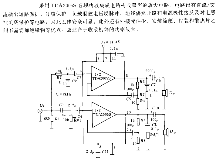 采用TDA2005S的20W（10W×2）音頻功率放大電路