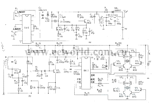 由RX-2/TX-2組成的四通道無線遙控玩具汽車電路原理圖