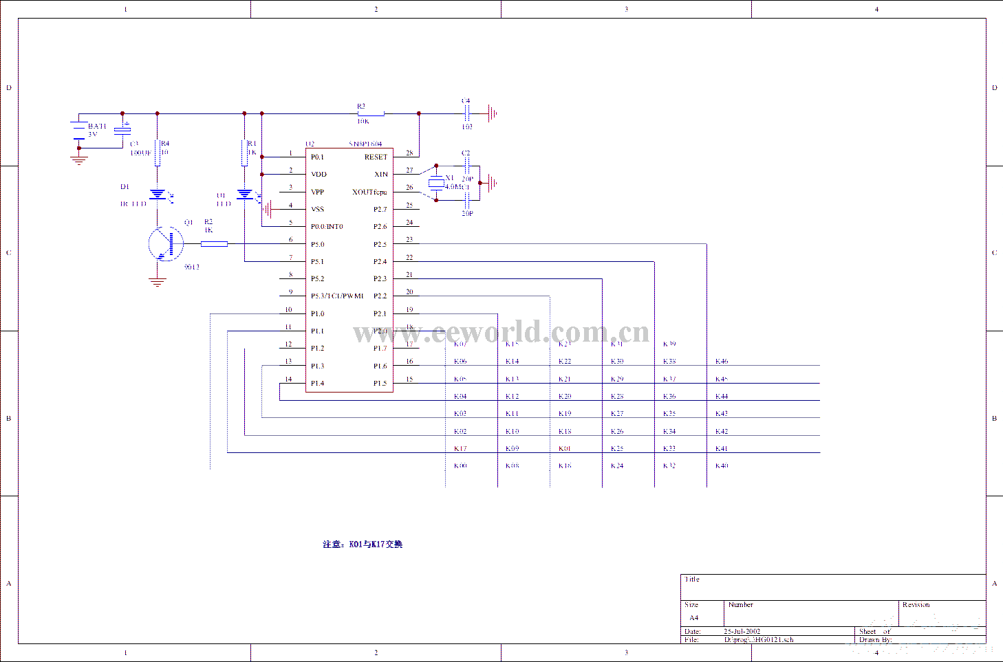 100合1衛星接收機遙控器電路，SN8P1604