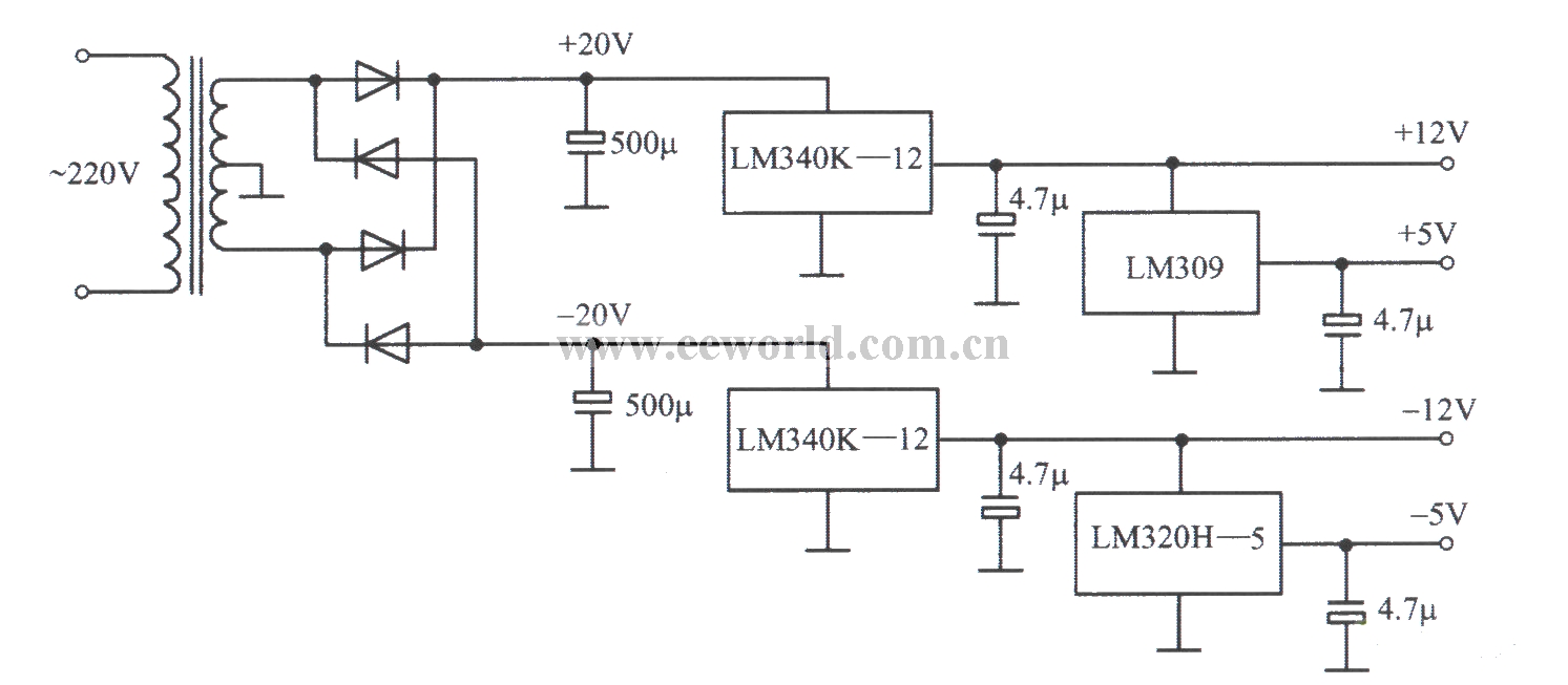 LM340K-12,LM309,LM320-5構成的±5V和±l2V穩壓電源