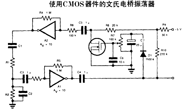 使用CMOS器件的文氏電橋振蕩器電路圖