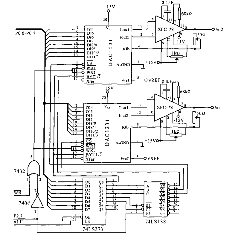 兩片DAC1231與單片機(jī)接口電路