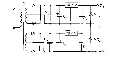 采用穩壓器構成的輸出正負壓的雙穩壓電源電路圖