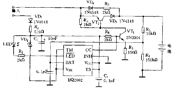 采用BQ2002集成芯片構成的快速充電器電路圖
