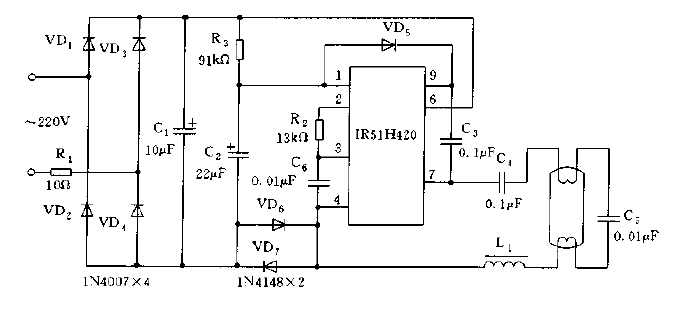 IR51H420構成的典型節能燈鎮流器電路圖