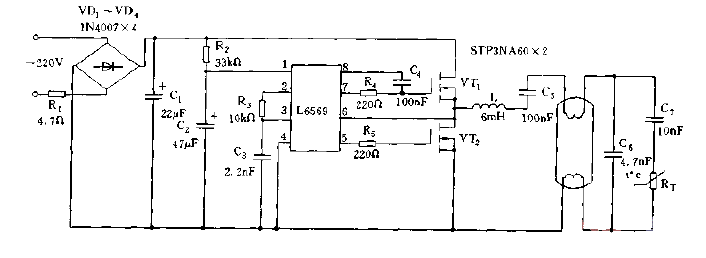 采用L6569構(gòu)成的電子鎮(zhèn)流器電路圖