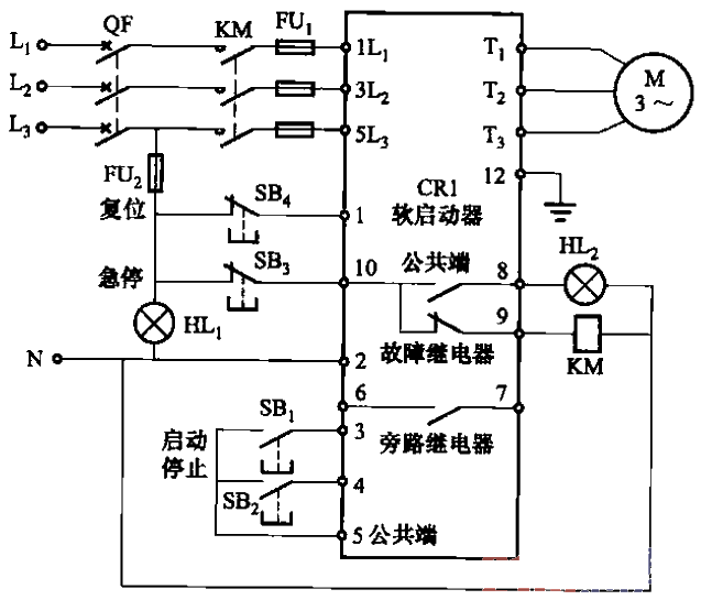 CR1系列軟啟動器不帶旁路接觸器的電路