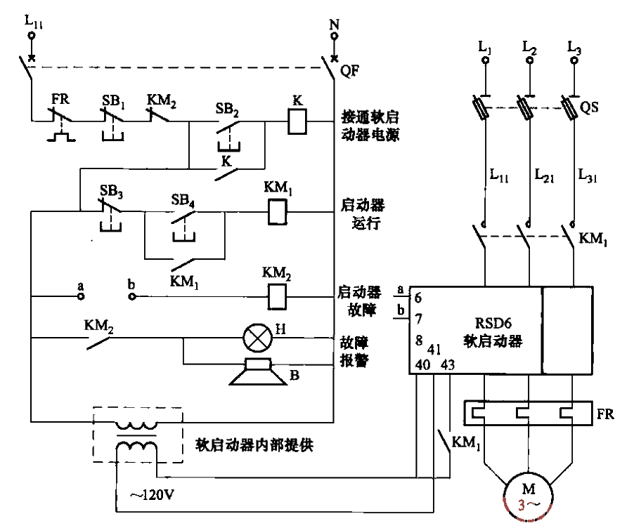 RSD6型軟啟動器控制電動機正轉運行電路