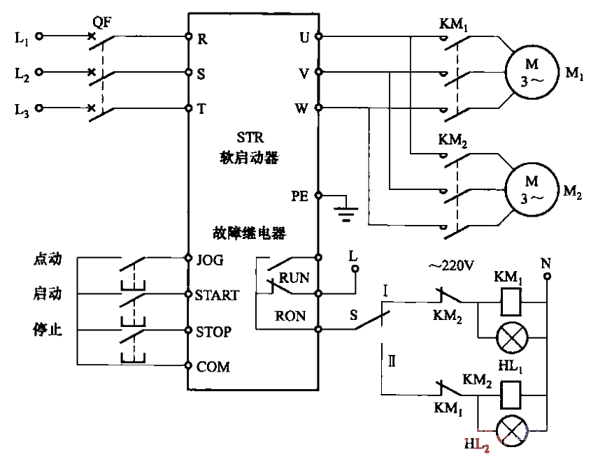 一臺西普STR軟啟動器控制兩臺電動機一用一備電路