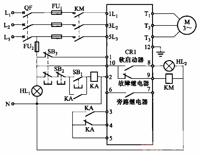 CR1系列軟啟動器帶進線接觸器和中間繼電器的電路