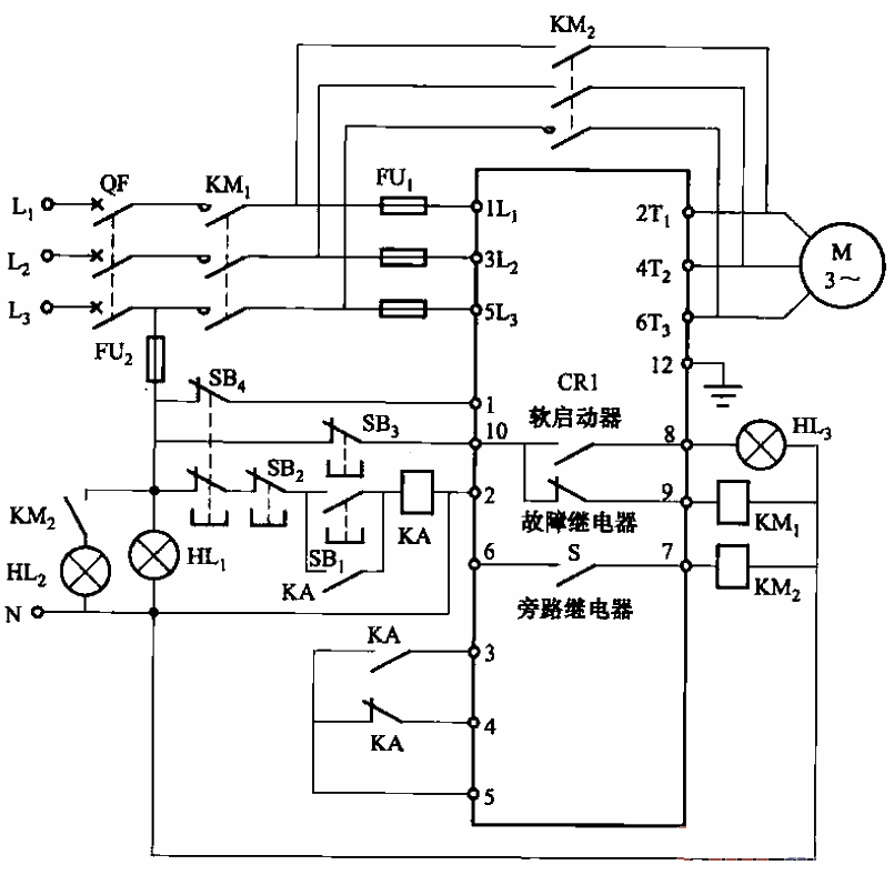 CR1系列軟啟動器帶旁路接觸器的電路
