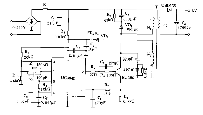 采用UC3842構成的單端反激式開關電源的實用電路圖