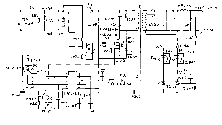 采用FAI3842P構成的開關電源電路圖