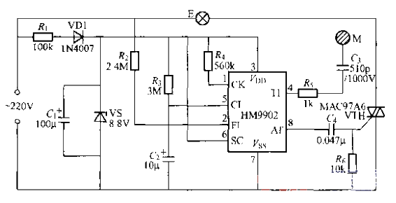 HM9902觸摸式二態(tài)調(diào)光燈電路
